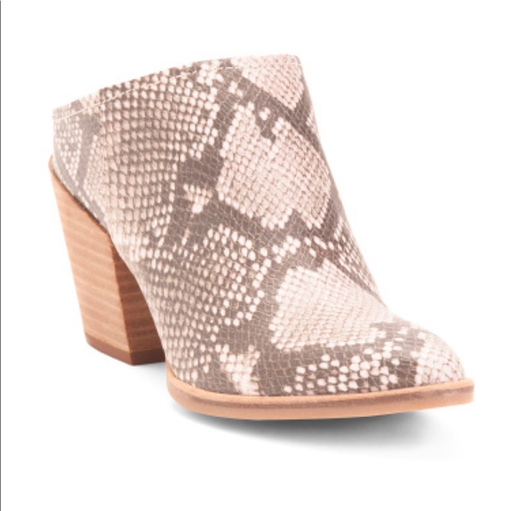 Snakeskin heeled mules